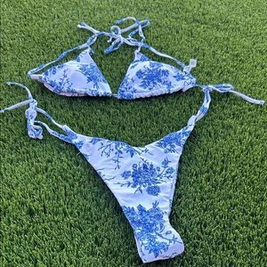 Blue Floral Tie-Side Triangle Bikini - Women Swim Bikini